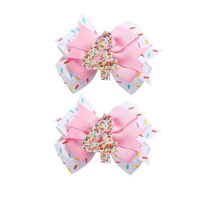 Birthday Hair Clips for Baby Girls - 2Pc Pink Sprinkle Bow Hair Clips for 4th Birthday Glitter Ice Cream Baby Bow Party Decorations for Girls Toddlers Hair Accessories (Pink-4 Years)