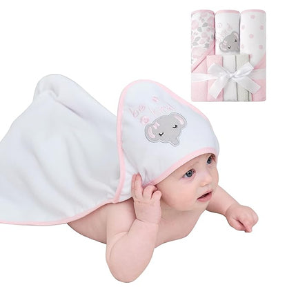 Viviland Baby Towels and Baby Wash Cloths Set Hooded Baby Towels Baby Wipes Absorbent Bath Face Towels Burp Cloths or Face Towels for Girl Boy 6-Pack Size 28 x 28 Inch(Elephant Flower)
