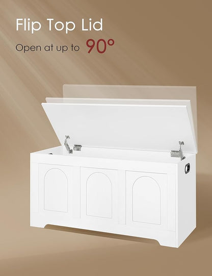 DINZI LVJ Storage Chest, 39.4”Wooden Storage Box with 2 Safety Hinges, Entryway Shoe Bench with Flip-Top, Trunk for Living Room, Bedroom, Easy Assembly, White