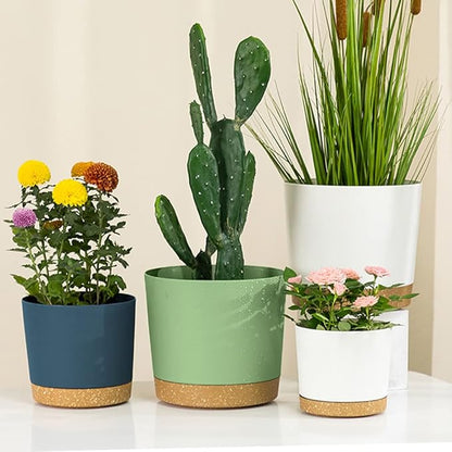 ZMTECH Plant Pots, Set of 3 8'' Self Watering Plastic Planter with Drainage Hole and Saucer, Modern Decorative Flower Pot for Indoor Outdoor House Plants, Succulents, Flowers - Dark Gray/White/Green