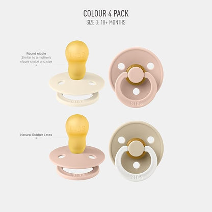 BIBS Colour Soother 4-Pack | BPA Free Dummy Pacifier | Round Nipple | Natural Rubber Latex | Made in Denmark | Size 18-36 Months | Blush Glow Mix