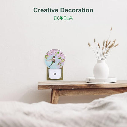 EKOBLA Hummingbird Plug-in Night Light, Spring Bird & Cherry Blossom LED Nightlight with Auto On/Off Sensor for Kids, Seniors & Bedroom Decor
