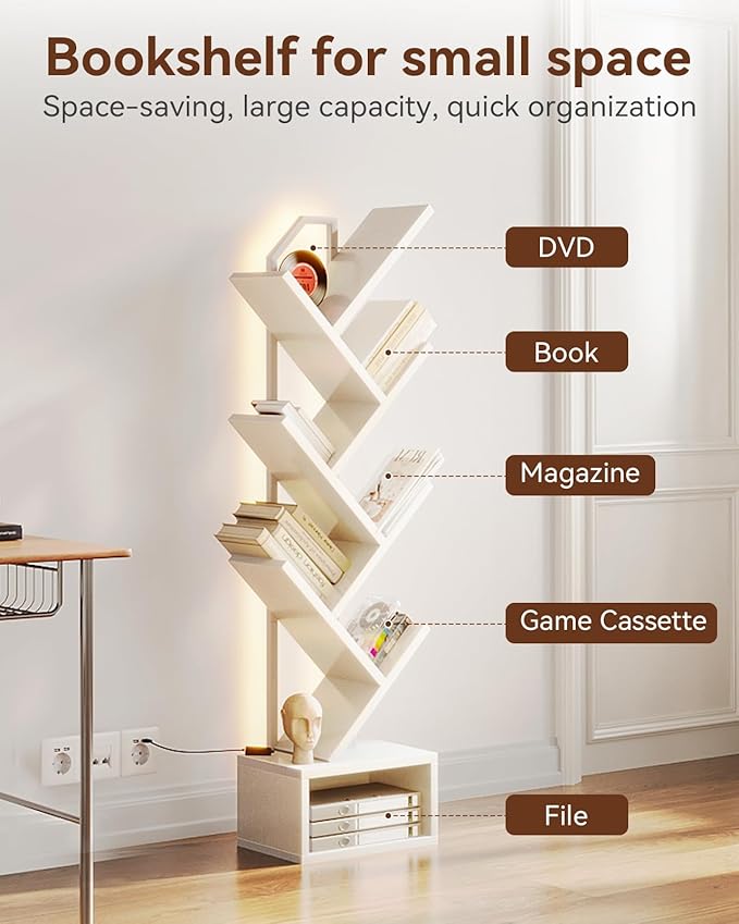 Casaottima White Tree Bookshelf with LED Light Strip — 6-Tier Small Floor Standing Bookcase, Narrow Steel & Wood Book Organizer Shelf with Cabinet, Home Decor for Living Room/Bedroom/Home Office