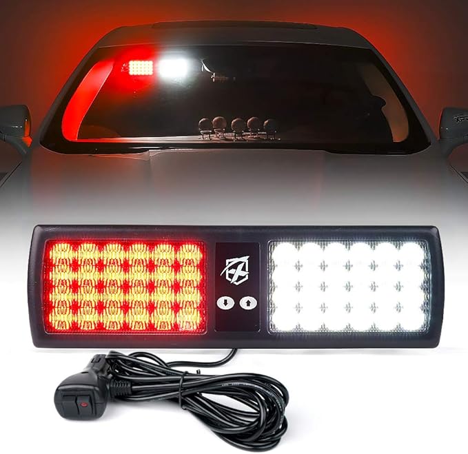 Xprite White Red 48LED Visor Strobe Flashing Lights Sunshield Hazard Warning Light for Law Enforcement Emergency Vehicles Trucks