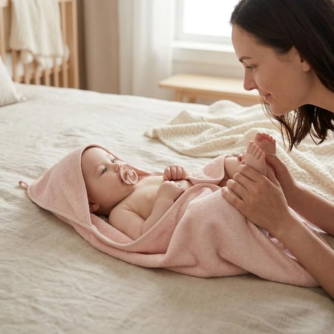 Hooded Baby Towels - 100% Organic Cotton Baby Bath Towels, 32" x 32" Super-Soft and Absorbent Baby Towels for Newborn Baby Girls 2-Pack (Blush/Fog)