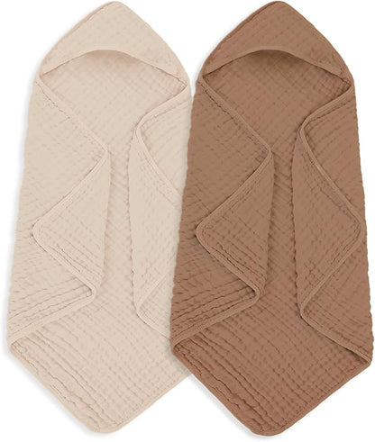 MIGIOL Muslin Hooded Baby Towels 100% Cotton ，Super Soft Muslin Baby Bath Towel - 32 x 32 Inches, Suitable for Newborn and Young Children up to 3 Years Old. (Beige & Coffee)