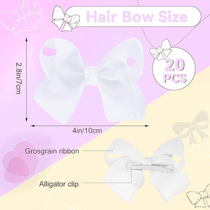 4 Inch Hair Bows,20 Pieces Hair Bows for Girls,Grosgrain Ribbon Hair Bow with Alligator Clips,White Bows Hair Accessories for Toddlers Baby Girls Kids Teens