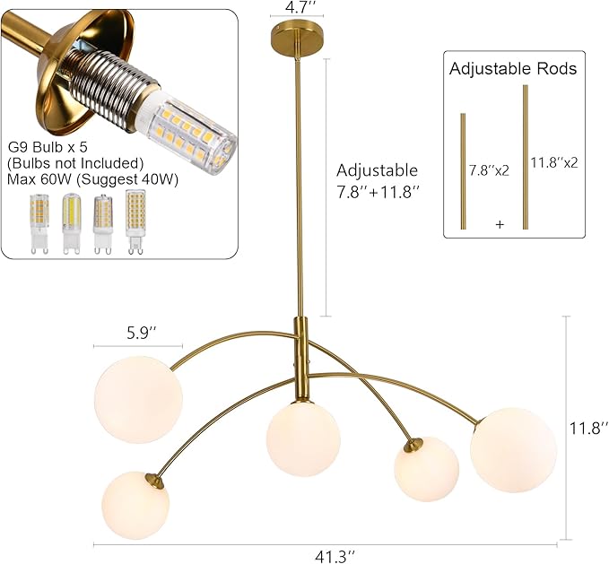 Gold Modern Chandelier 5-Light Glass Globe Ceiling Light Fixtures Mid Century Modern Sputnik Chandelier for Dining Room Kitchen Island Bedroom Living Room 41.3IN Diameter