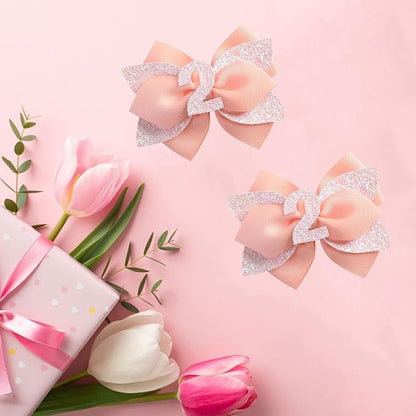 Pink Birthday Hair Bow for Baby Girls - 2Pcs Peach Sprinkle Hair Clips for 2nd Birthday Glitter Baby Bow Party Decorations for Girls Toddlers Hair Accessories (Pink-2 Years)