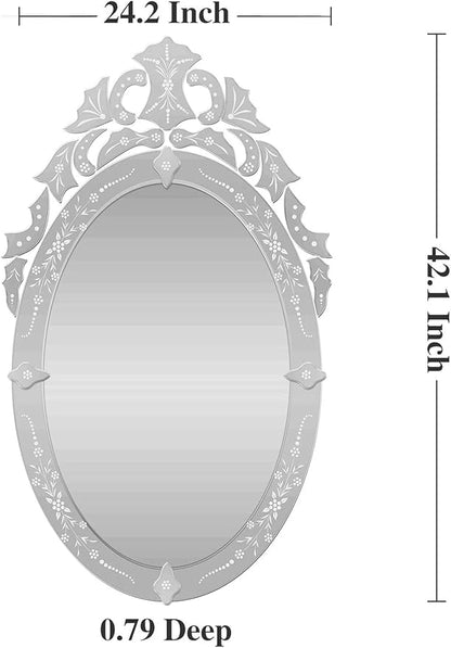 KOHROS Oval Bathroom Mirror 42" x 24" Venetian Mirror with Top Crown Floral Etched Frameless Decorative Wall Mirror for Vanity Bathroom Bedroom Living Room
