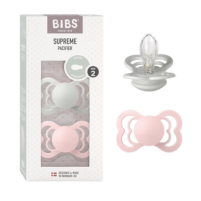 BIBS Supreme Baby Pacifier 2-Pack | Made in Denmark | BPA Free Dummy Soother, Symmetrical Nipple. Silicone, Size 2 (6-18 Months), Haze/Blossom
