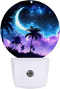 Palm Tree Night Light Purple Blue Night Moon Night Lights LED Lamp Round Plug into Wall Nightlight with Dusk to Dawn Sensor Home Hallway Stairway Kitchen Decor