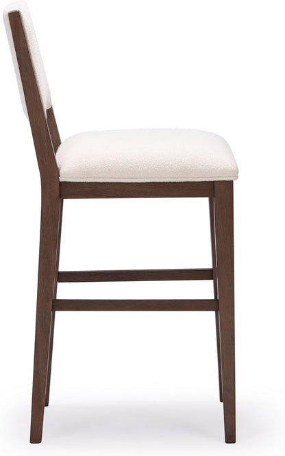Plank+Beam Sereno Bar Stool, 30", Set of 2, Sturdy Wood Modern Kitchen Bar Height Stool, Upholstered Cushion Bar Chair with Back, Walnut/Ivory