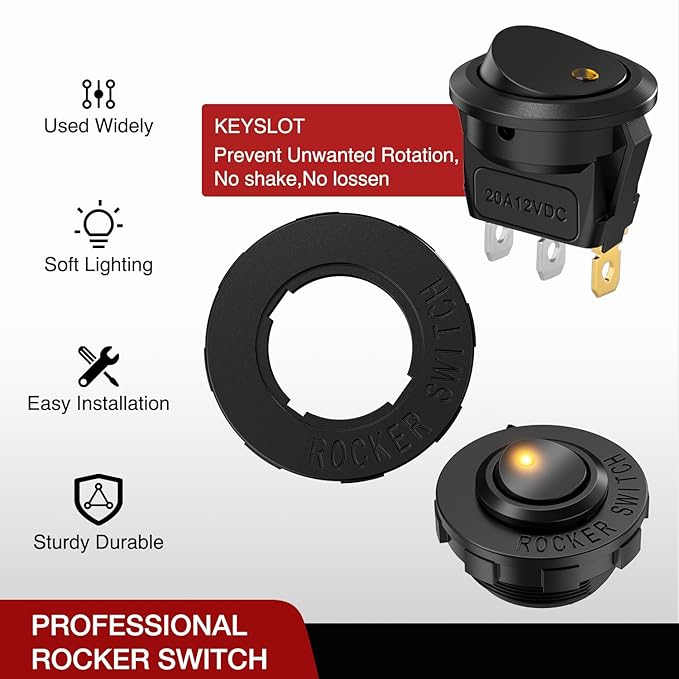 Nilight 1PC Round Rocker Switch with Shell 12V 24V 20A Yellow LED Toggle swtich with 16AWG Wires SPST 3Pin 2 Position for Car Truck Vehicle Boat Marine Rocker On Off Control