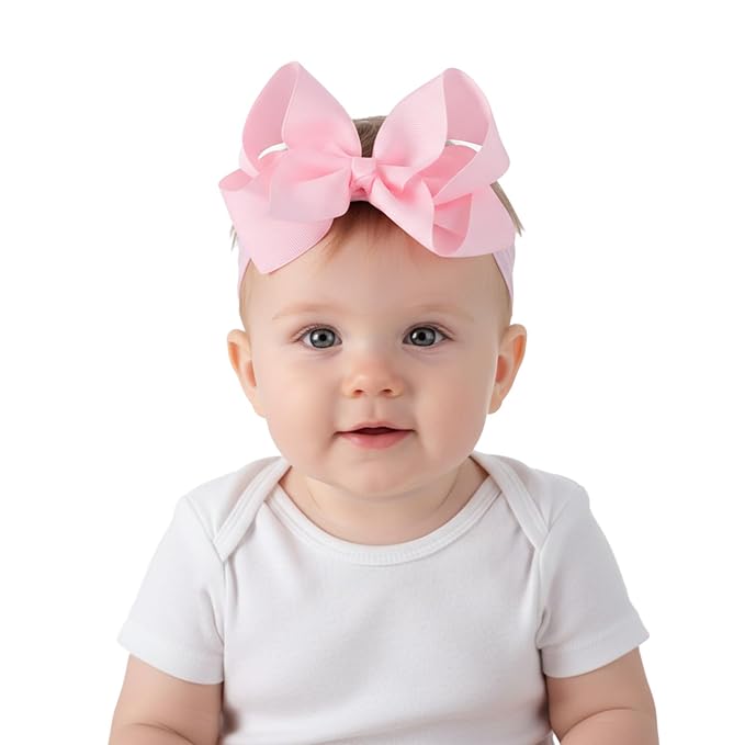 Tucnoeu 3pcs Baby Girl Headbands with Bows - Soft Stretchy Newborn Bows for Girls, Infant Toddler Hair Accessories (White, Ivory, Pink)