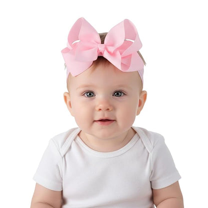 Tucnoeu 3pcs Baby Girl Headbands with Bows - Soft Stretchy Newborn Bows for Girls, Infant Toddler Hair Accessories (White, Ivory, Pink)