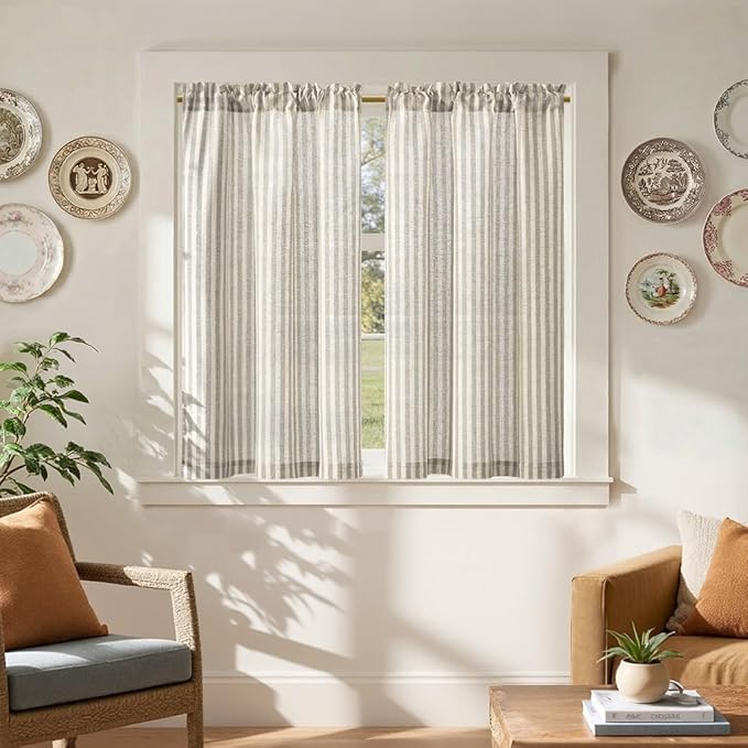 jinchan Striped Linen Kitchen Curtains 45 Inches Tier Curtains Farmhouse Modern Cafe Style Small Window Treatments Airy Light Filtering Rod Pocket for Living Room Bathroom 2 Panels Taupe Grey