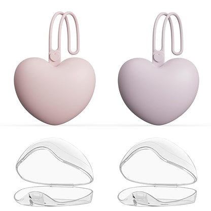 4pcs Pacifier Holder Case Set, 2pcs Silicone Portable Pacifier Pouch and 2pcs Transparent Pacifier Storage Container, Cute Heart Shape Pacifier Storage Case for Newborn Baby（Pink&Purple）