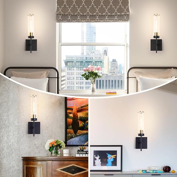 Battery Operated Wall Sconce, Black and Gold Battery Wall Sconce, Modern usb rechargeable Wall Light set of 2, Wireless Dimmable Wall Light Fixture with Remote Control, Wall Lamp with LED Bulbs(DC 5V)