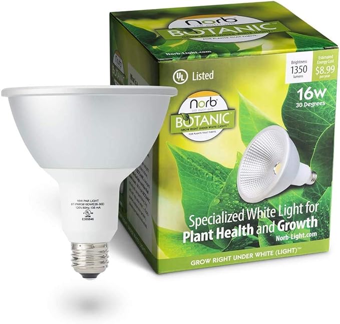 NorbBOTANIC Premium LED Grow Light, Full Spectrum PAR38 Bulb, 1350 Lumens, Energy-Efficient, Sun-Spectrum Mimics Sunlight, White Light, Perfect for Indoor Plants, Herbs, Tropical Plants, 16W 30 Degree