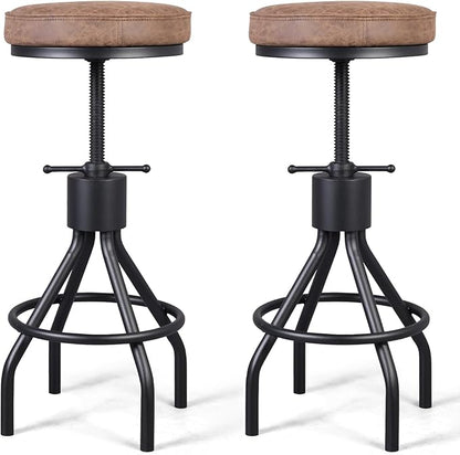 Set of 2-Vintage Bar Stool Swivel PU Leather Seat Kitchen Island Workbench Chair Height Adjustable 23-31 inch