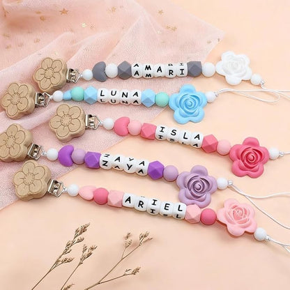 Personalized Flower Pacifier Clip Custom Baby Name Personalized Baby Gift Flower Pacifier Holder Beech Wooden Clip (Style 1)