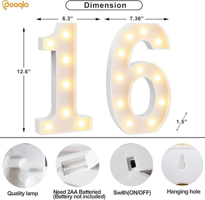 Pooqla 16th Birthday Decorations for Girls Boys, Large 12.6 in Tall Light Up Numbers for Sweet 16 Party Decorations Table Decor, Big Marquee Numbers 16th Birthday Gift for Girls Anniversary Decor