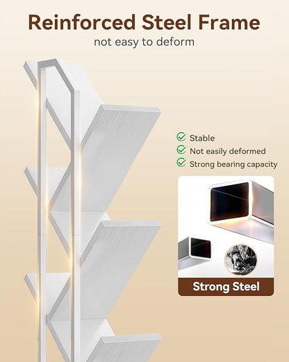 Casaottima White Tree Bookshelf with LED Light Strip — 6-Tier Small Floor Standing Bookcase, Narrow Steel & Wood Book Organizer Shelf with Cabinet, Home Decor for Living Room/Bedroom/Home Office