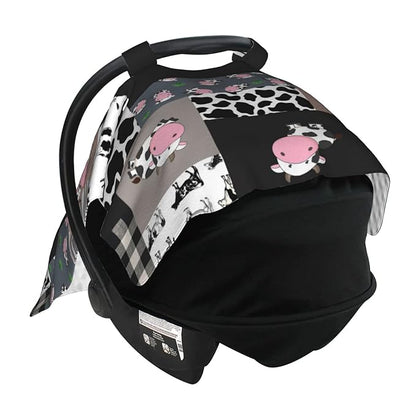 Personalized Cute Cow Baby Car Seat Canopy for Babies with Name, Custom Cow Stripes Car Seat Covers for Girls Boys, Peekaboo Opening Minky Nursing Cover Infant Car Seat Canopies for Newborn