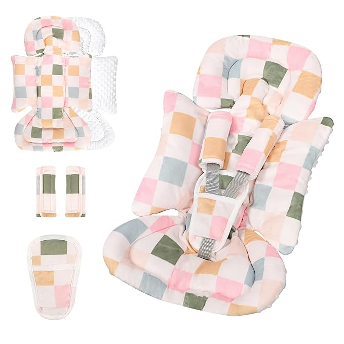 DILIMI Infant Car Seat Insert, Baby Car Seat Head Support with 3 Strap Paddings, Soft Newborn Car Seat Cushion for Stroller, Swing, Bouncers, Colorful Checkered