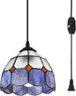 HuisMier Tiffany Style Plug in Pendant Light, 15 Feet Cord Stained Glass Hanging Lamp with Dimmable On Off Switch, Vintage Swag Ceiling Lamp for Dining Room Living Room Bedroom, 7.9" Width