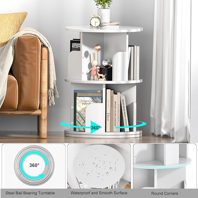 Nidouillet Rotating Bookshelf, Revolving Bookcase 360 Display Round Bookshelf, High-Density MDF Wood Narrow Swivel Corner Book Shelf Standing Bookcase for Adult Bedroom, Living Room (White, 2 Tier)