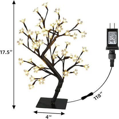 PEIDUO 17.5 Inch Lighted Cherry Blossom Tree, 48 Warm White Lights Plug in Adapter, Light up Bonsai Tree for Christmas Indoor Home Bedroom Living Room, Tabletop Decor Night Light Artificial Tree