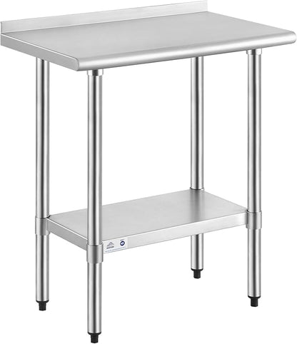 ROCKPOINT Stainless Steel Table for Prep & Work with Backsplash 18x30 Inches, NSF Metal Commercial Kitchen Heavy Duty Table with Adjustable Under Shelf and Table Foot for Restaurant, Home and Hotel
