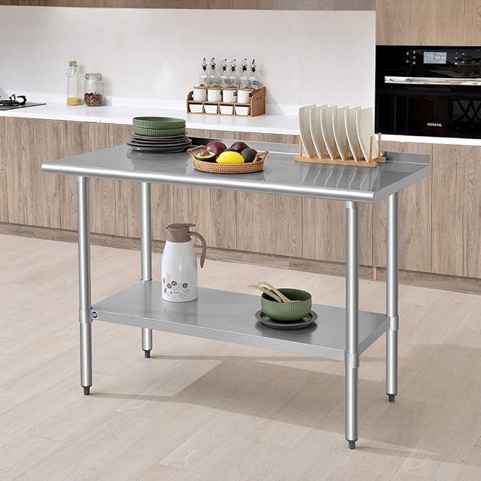 ROCKPOINT Stainless Steel Table for Prep & Work with Backsplash 24x48 Inches, NSF Metal Commercial Kitchen Heavy Duty Table with Adjustable Under Shelf and Table Foot for Restaurant, Home and Hotel