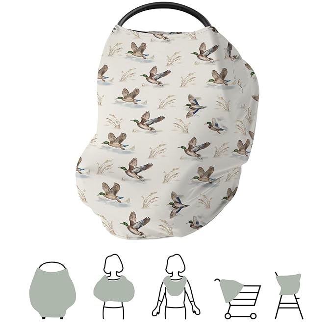 Wild Ducks Mallards Baby Car Seat Covers Vintage Duck Hunting Stretchy 5-in-1 Cover Adjustable Car Canopy Breastfeeding Cover Retro Duck Leaves Pond Breathable Nursing Cover-Up