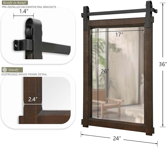 Rustic Barn Door Mirror: 24"x36" Brown Farmhouse Wood Frame - Wall Mirror for Entryway/Bathroom/Living Room Wall Decor