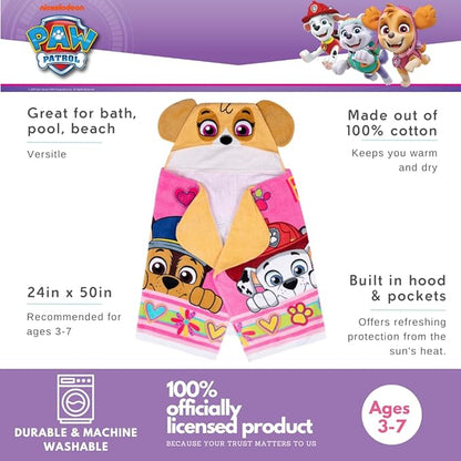 Paw Patrol Girl Skye, Marshall, Chase Kids Super Soft Bath/Pool/Beach Soft Cotton Terry Hooded Towel Wrap, 24 in x 50 in, (Officially Licensed Product) by Franco