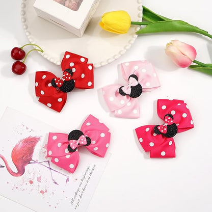 3 Pairs Red White Mouse Ears Hair Bows Clips 4 Inches Hair Bow Cute Mice Ears Toddler Hair Accessories for Women Girls for Birthday Party Favor Halloween Christmas Decoration