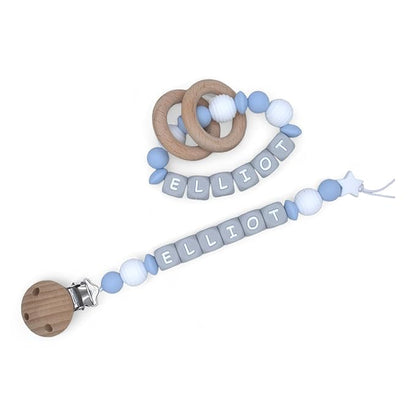 Personalized Baby Pacifier Clips, Rattle Rings & Keychains – Blue Styles | Stylish Baby Accessories, 3rd Party Tested for Safety
