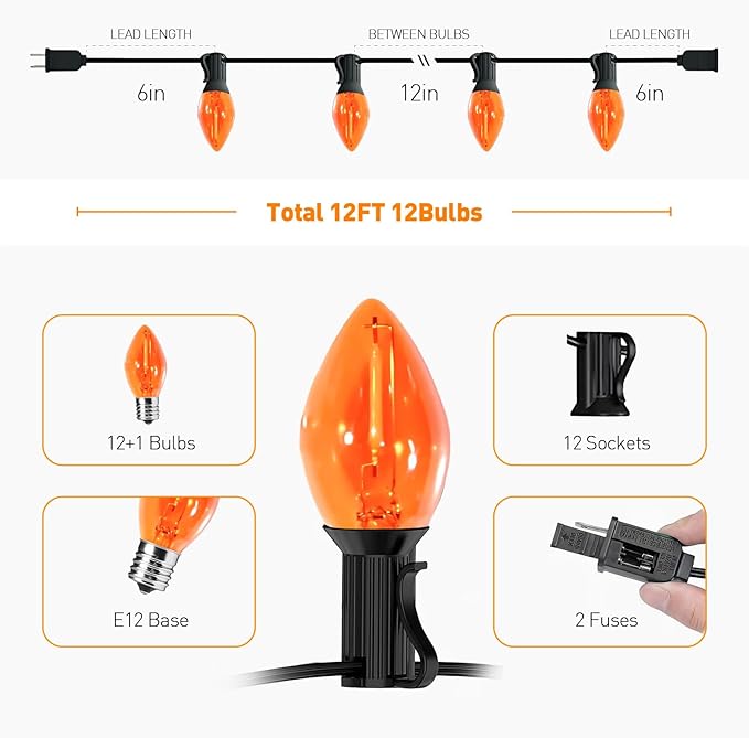 C7 LED Christmas Lights, 12FT Black Wire with 12 Orange Vintage Bulbs, Outdoor Indoor Hanging Lights for Porch, Garden, Backyard, Balcony, Holiday Party Décor