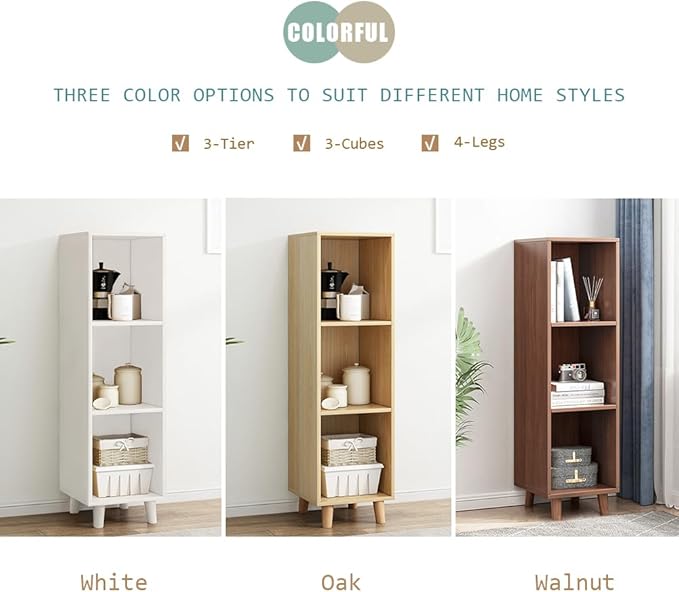 IOTXY Open Cube Low Bookcase - 3-Tier Freestanding Storage Display Cabinet Organizer with Legs for Home Office, 3-Cubes Open Shelf Short Bookshelf, Oak