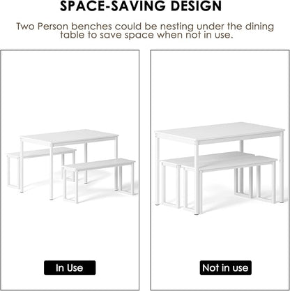 soges 3 PCS Dining Table Set for 4 with 2 Benches, Soho Dining Table and Chairs Set, Industrial Kitchen Table and Chairs Kitchen Breakfast Table Set, Dining Set with Metal Frame, White