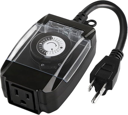 Outdoor Timer Outlet Waterproof, 24 Hour Mechanical Timer Outlet for Home and Garden, Single Grounded, 15A 3/4HP, Black, 1 Pack