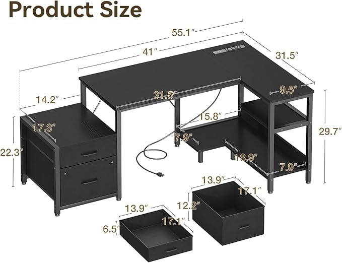 Casaottima L Shaped Desk with Drawers & File Cabinet, Computer Desk with Storage Shelves & CPU Stand, Corner Desk with Power Outlets, Reversible L Desk for Gaming, Home Office, Black