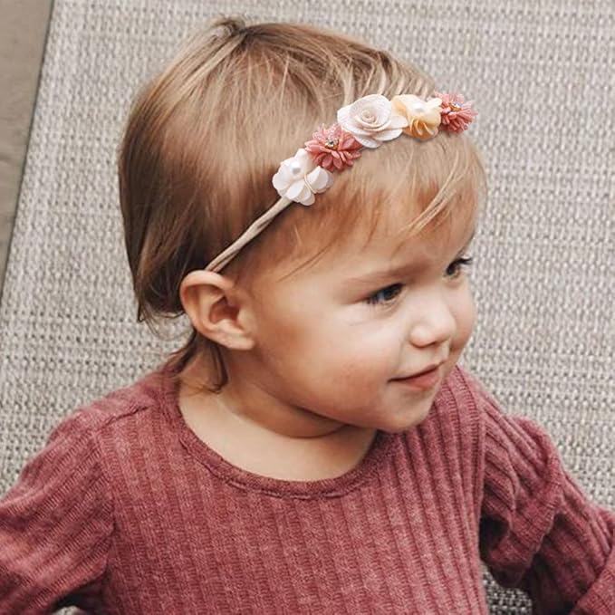 Mealah Baby Girls Flower-Headband Elastic-Nylon Hairbands Floral Crown for Newborn Infant Toddler Pack of 3