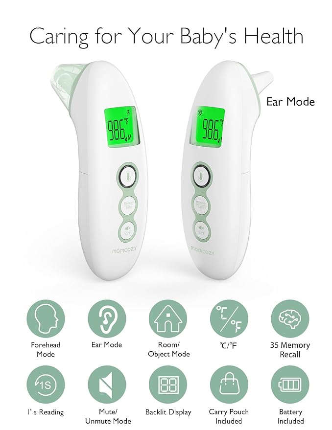 Momcozy Non-Contact Forehead and Ear Thermometer, Digital Infrared Thermometer for Adults and Children, with Child Mode, Fever Alarm Function, Mute and Memory Functions, Fast and Accurate Measurement