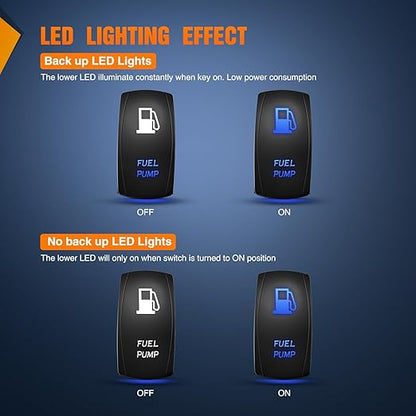 Nilight Fuel Pump Rocker Switch Led Light Bar 5 Pin Laser On Off SPST switches 20A/12V 10A/24V Blue with Jumper Wires Set for Cars Trucks Boats ATVs UTVs RVs