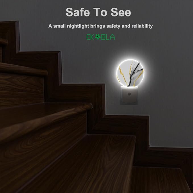 EKOBLA Modern Marble Plug-in Night Light, Gold & Gray Pattern LED Nightlight with Auto Sensor for Stairs, Hallway & Kitchen