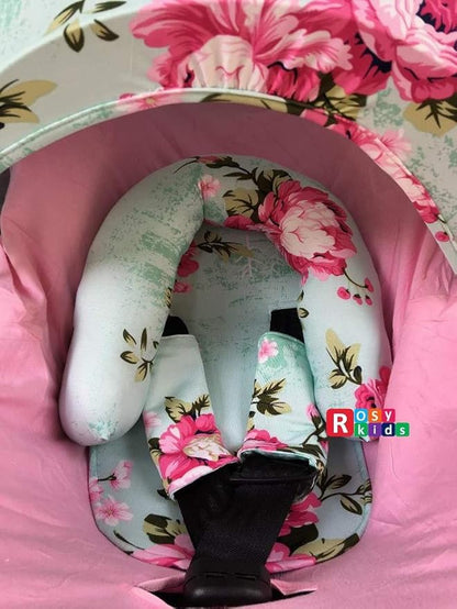 9pc Baby Girl Ultimate Set of Infant Car Seat Cover Canopy Headrest Blanket Hat Nursing Scarf, 25JE04